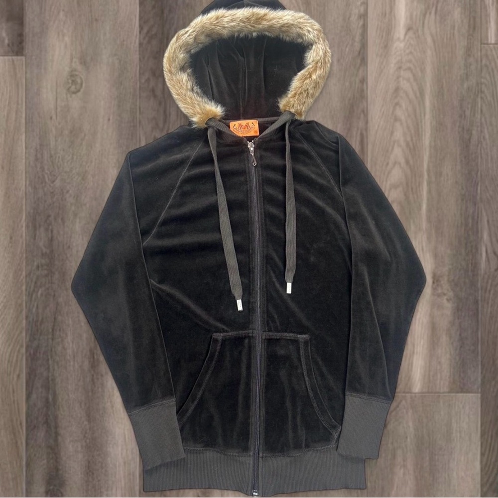 Dark Brwn velvet Juicy Couture velour zipup hoodie w custom faux fur trim Sz S/M